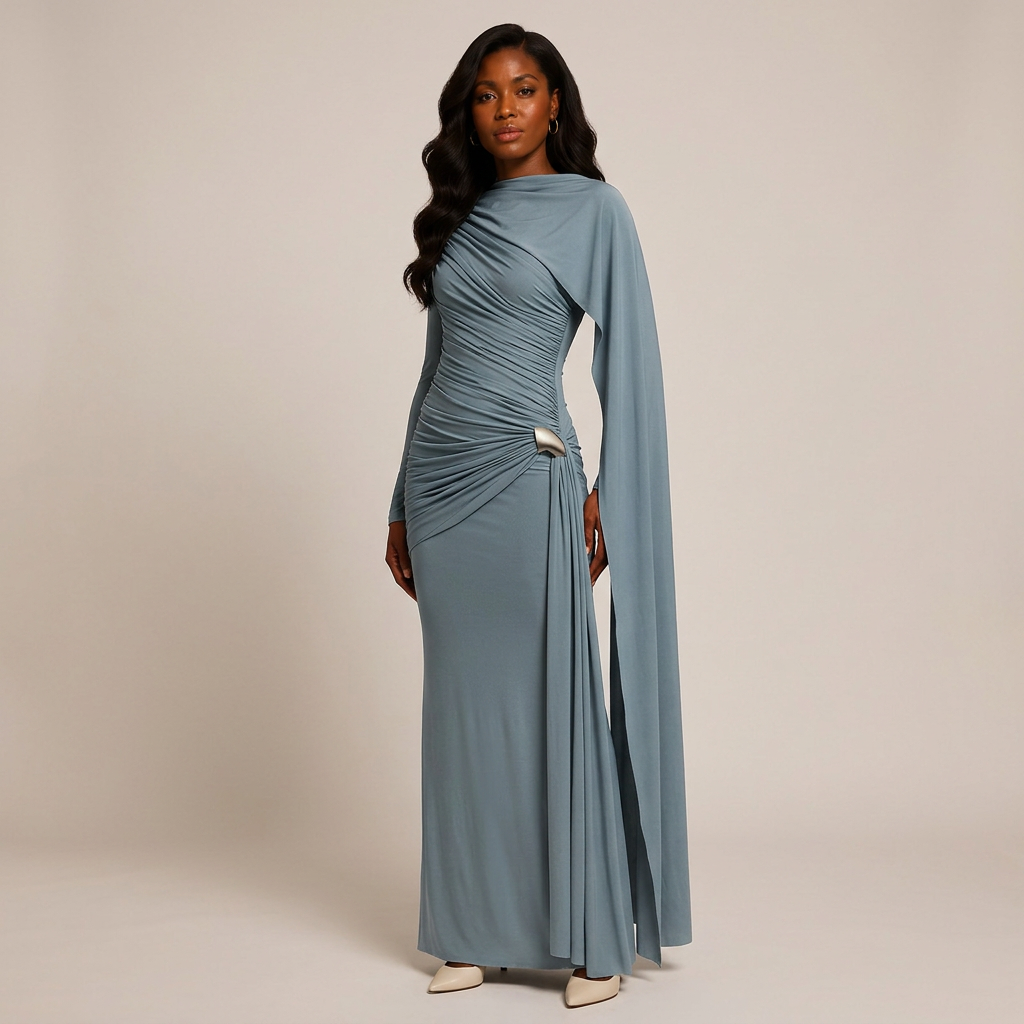 Asymmetric Ruched Long Sleeve Maxi Dress with Draped Detail-Vyana Collective