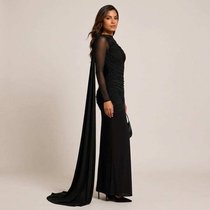 Asymmetric Ruched Long Sleeve Maxi Dress with Draped Detail-Vyana Collective