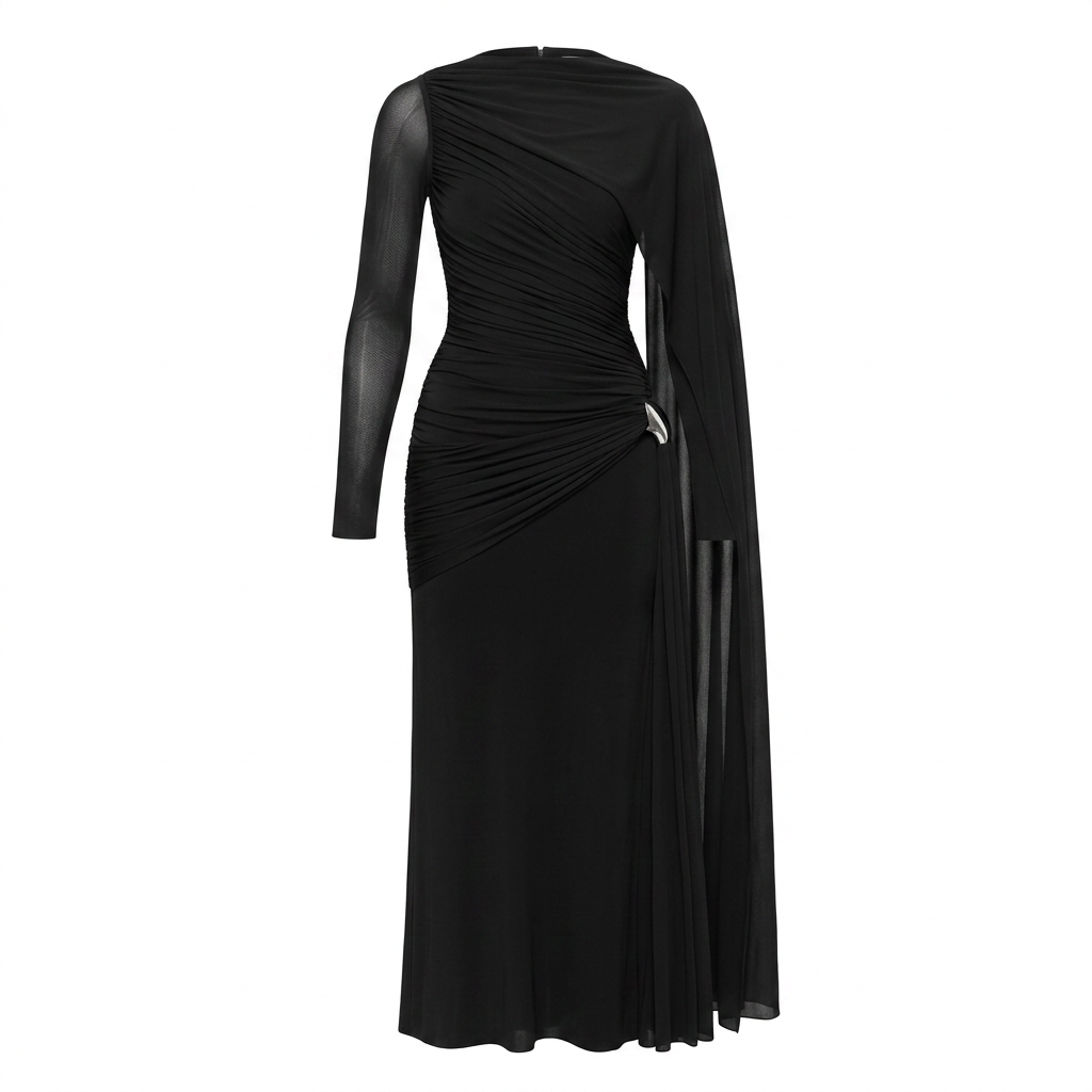Asymmetric Ruched Long Sleeve Maxi Dress with Draped Detail-Vyana Collective