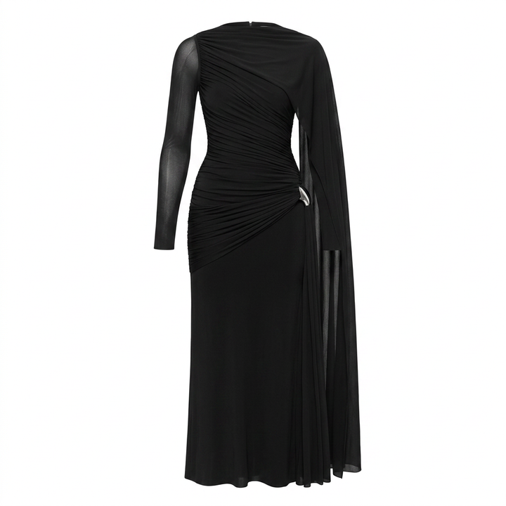 Asymmetric Ruched Long Sleeve Maxi Dress with Draped Detail-Vyana Collective