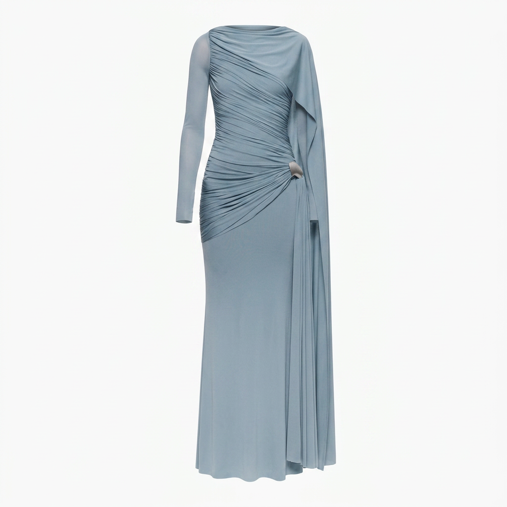 Asymmetric Ruched Long Sleeve Maxi Dress with Draped Detail-Vyana Collective