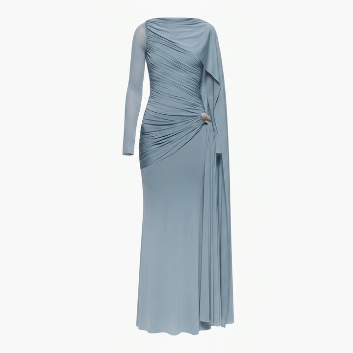 Asymmetric Ruched Long Sleeve Maxi Dress with Draped Detail-Vyana Collective