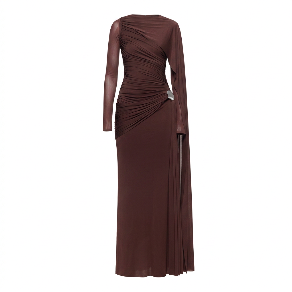 Asymmetric Ruched Long Sleeve Maxi Dress with Draped Detail-Vyana Collective