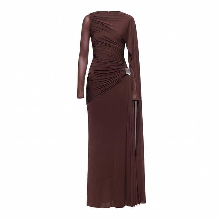 Asymmetric Ruched Long Sleeve Maxi Dress with Draped Detail-Vyana Collective