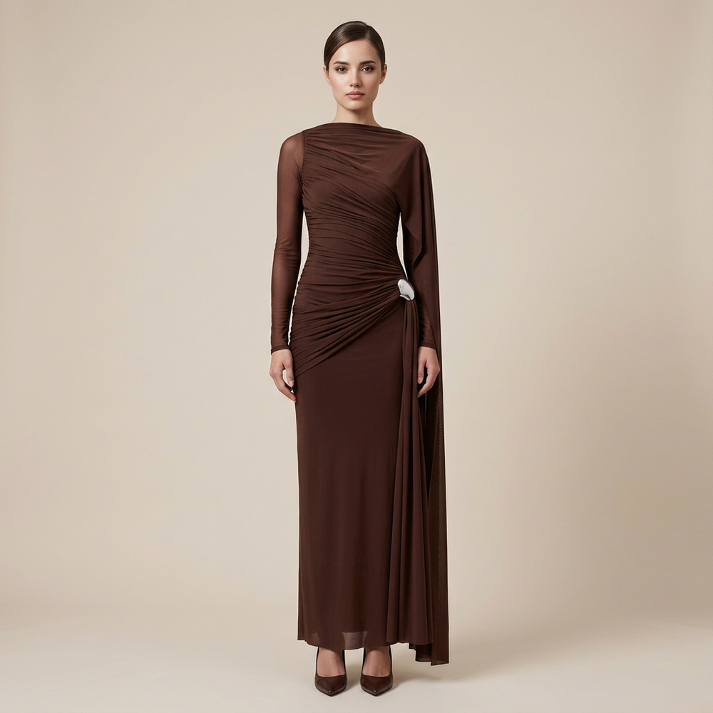 Asymmetric Ruched Long Sleeve Maxi Dress with Draped Detail-Vyana Collective