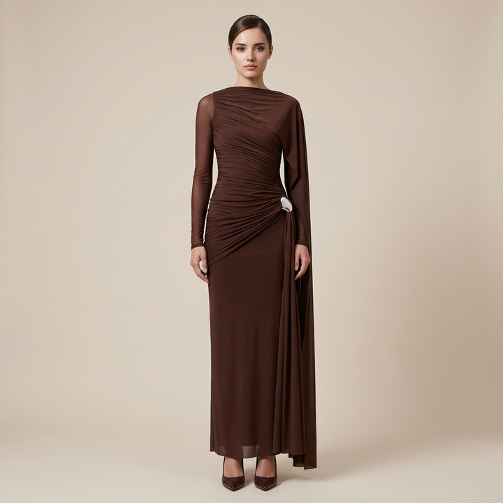 Asymmetric Ruched Long Sleeve Maxi Dress with Draped Detail-Vyana Collective