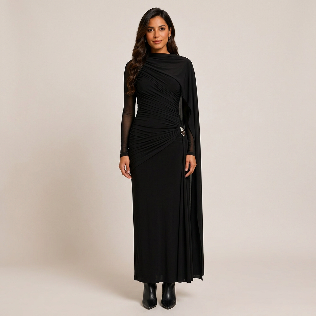 Asymmetric Ruched Long Sleeve Maxi Dress with Draped Detail-Vyana Collective