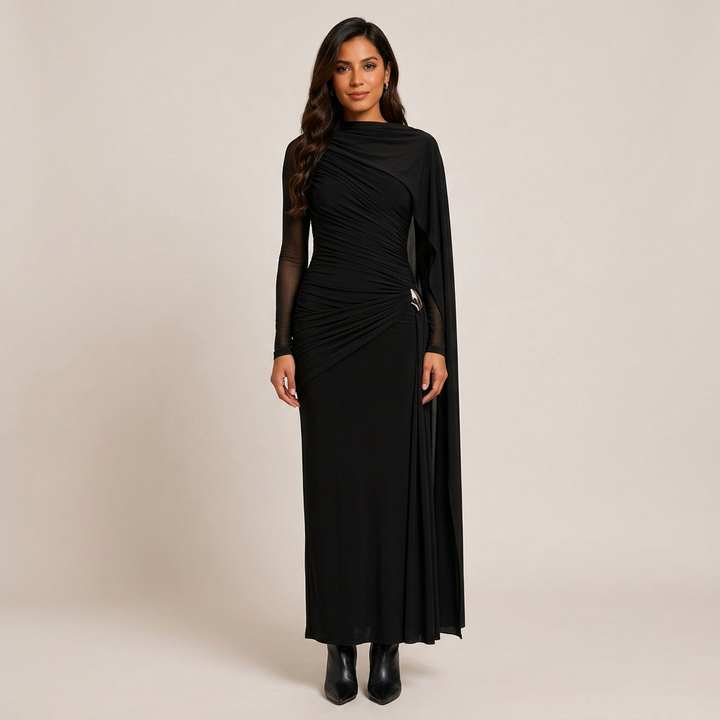 Asymmetric Ruched Long Sleeve Maxi Dress with Draped Detail-Vyana Collective