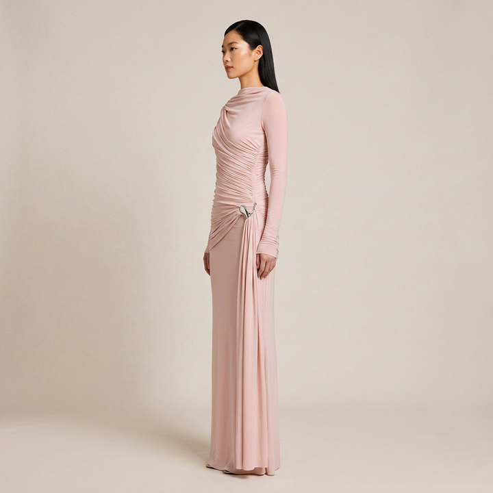 Asymmetric Ruched Long Sleeve Maxi Dress with Draped Detail-Vyana Collective