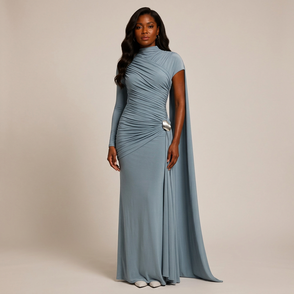 Asymmetric Ruched Long Sleeve Maxi Dress with Draped Detail-Vyana Collective