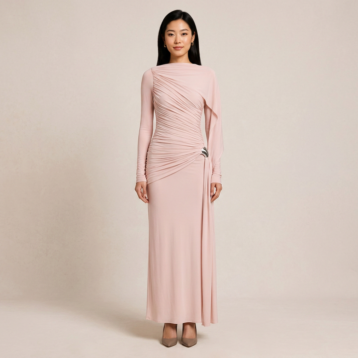 Asymmetric Ruched Long Sleeve Maxi Dress with Draped Detail-Vyana Collective