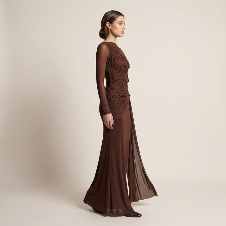 Asymmetric Ruched Long Sleeve Maxi Dress with Draped Detail-Vyana Collective