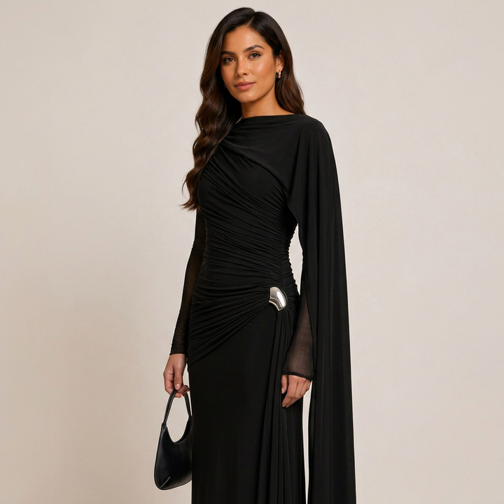 Asymmetric Ruched Long Sleeve Maxi Dress with Draped Detail-Vyana Collective
