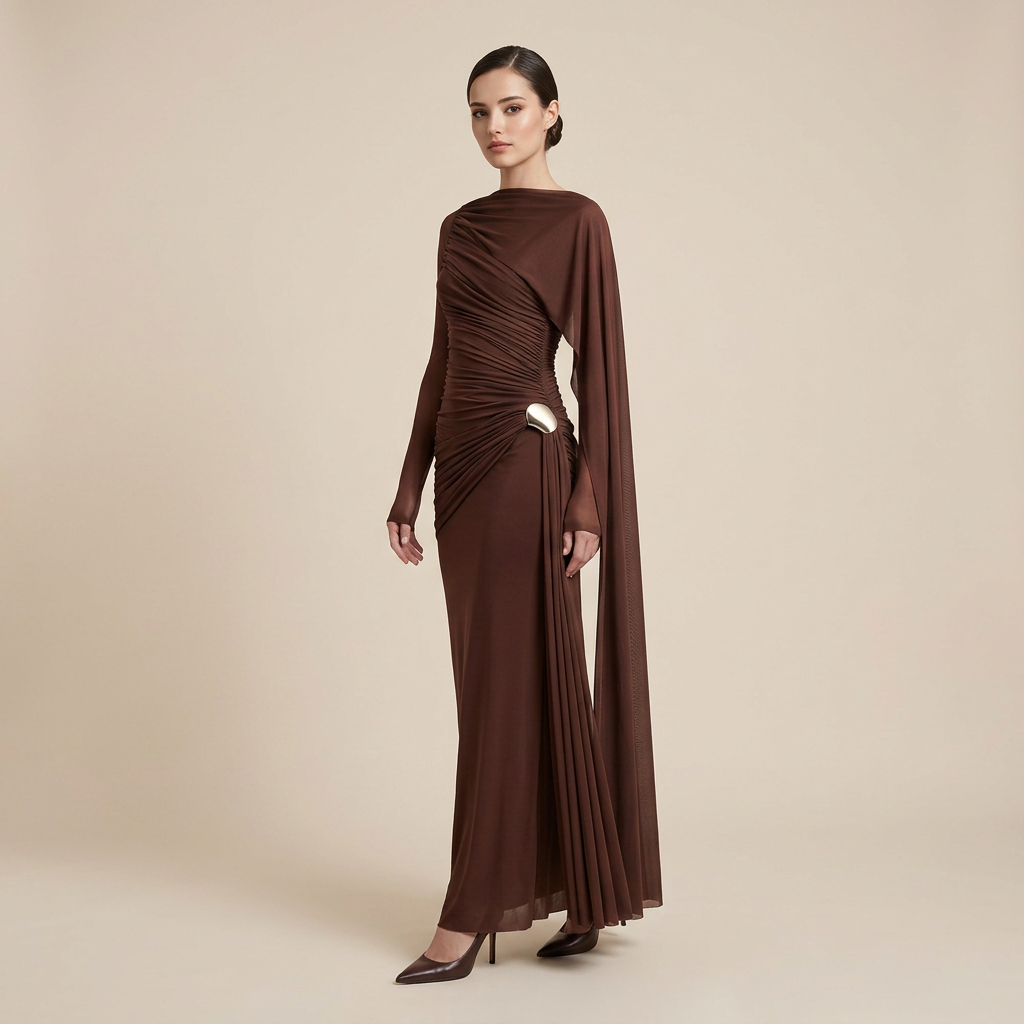 Asymmetric Ruched Long Sleeve Maxi Dress with Draped Detail-Vyana Collective