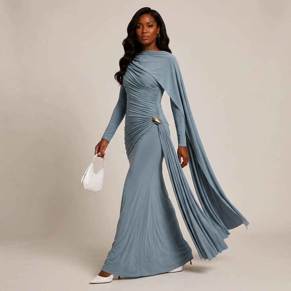 Asymmetric Ruched Long Sleeve Maxi Dress with Draped Detail-Vyana Collective