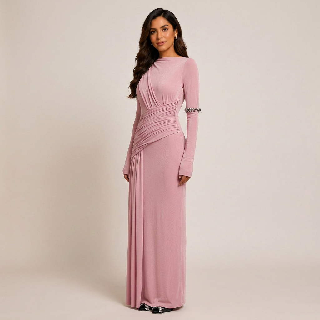 Asymmetric Ruched Long Sleeve Maxi Dress with Draped Waist-Vyana Collective