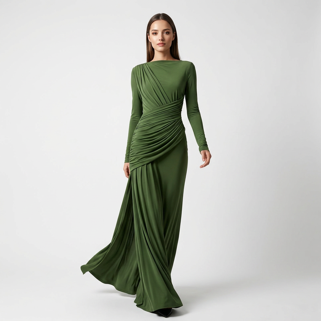Asymmetric Ruched Long Sleeve Maxi Dress with Draped Waist-Vyana Collective