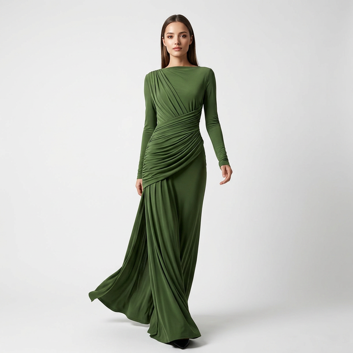 Asymmetric Ruched Long Sleeve Maxi Dress with Draped Waist-Vyana Collective