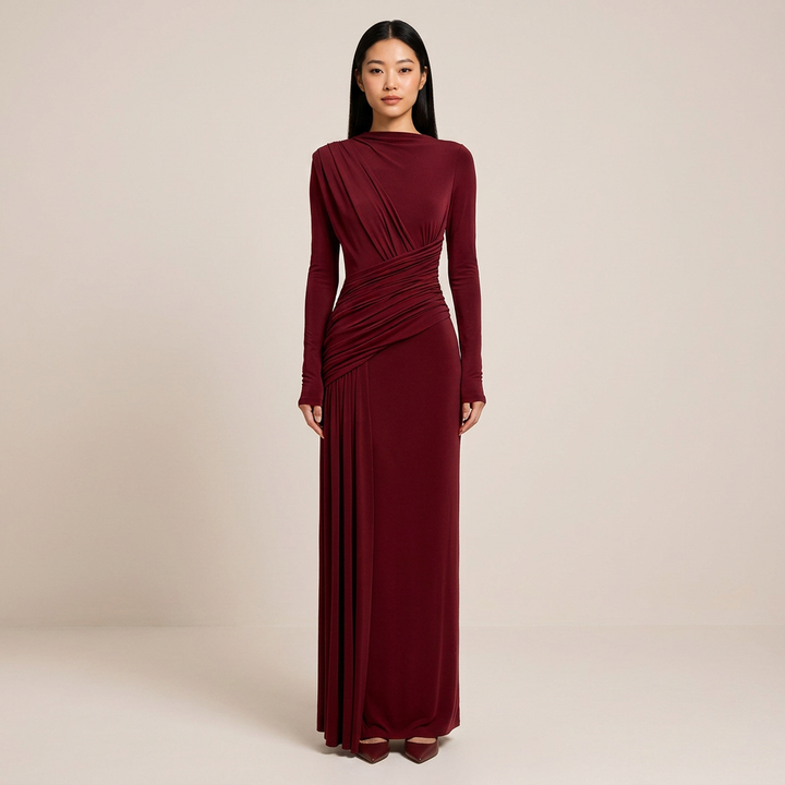 Asymmetric Ruched Long Sleeve Maxi Dress with Draped Waist-Vyana Collective
