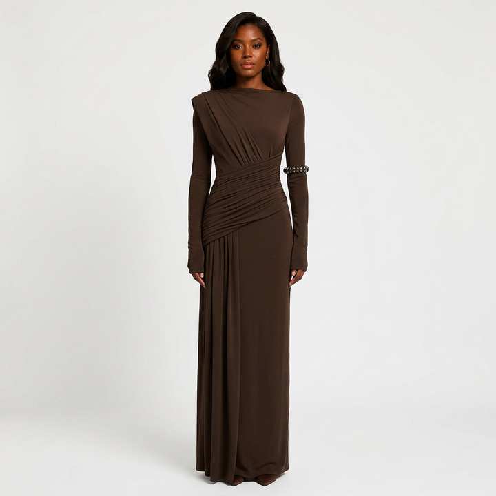 Asymmetric Ruched Long Sleeve Maxi Dress with Draped Waist-Vyana Collective