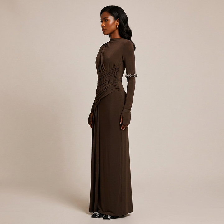 Asymmetric Ruched Long Sleeve Maxi Dress with Draped Waist-Vyana Collective