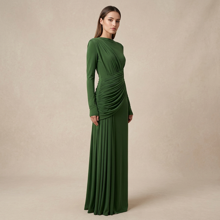 Asymmetric Ruched Long Sleeve Maxi Dress with Draped Waist-Vyana Collective