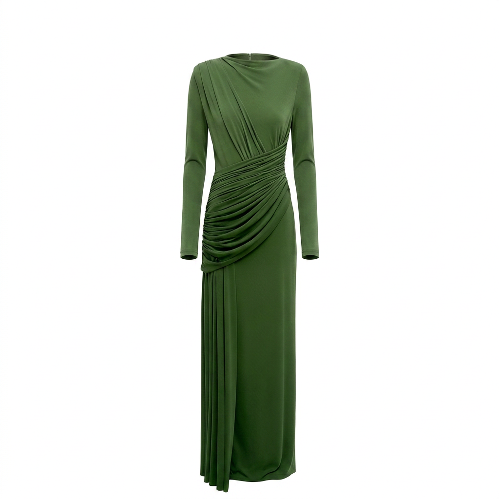 Asymmetric Ruched Long Sleeve Maxi Dress with Draped Waist-Vyana Collective
