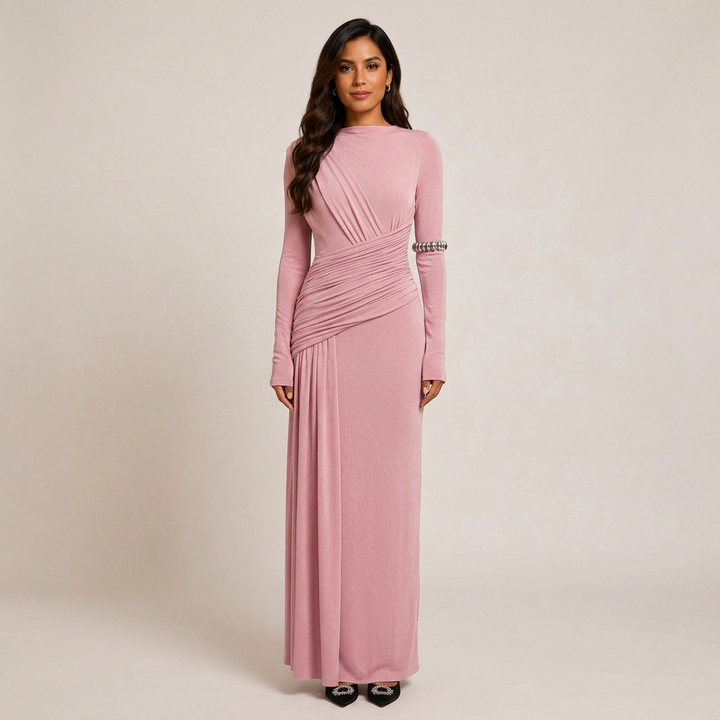 Asymmetric Ruched Long Sleeve Maxi Dress with Draped Waist-Vyana Collective