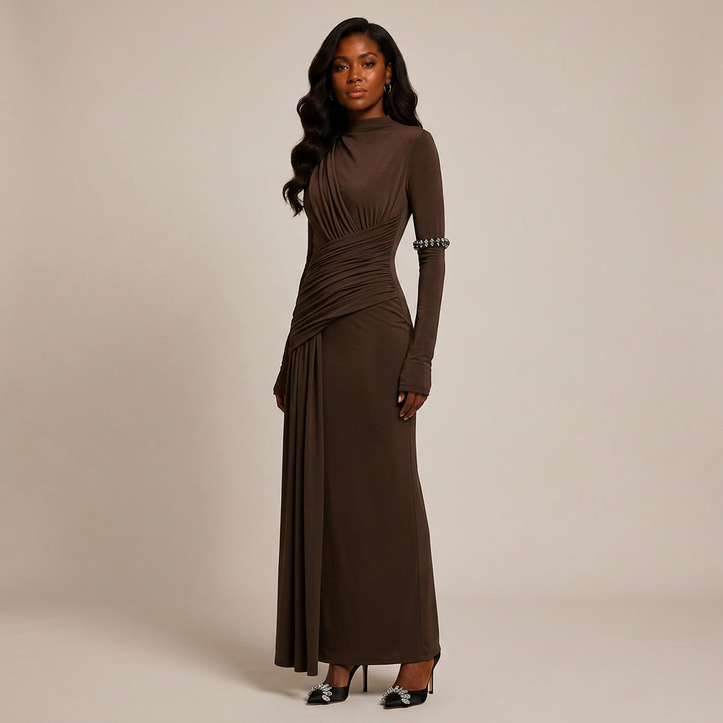 Asymmetric Ruched Long Sleeve Maxi Dress with Draped Waist-Vyana Collective