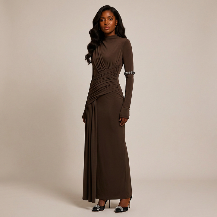 Asymmetric Ruched Long Sleeve Maxi Dress with Draped Waist-Vyana Collective