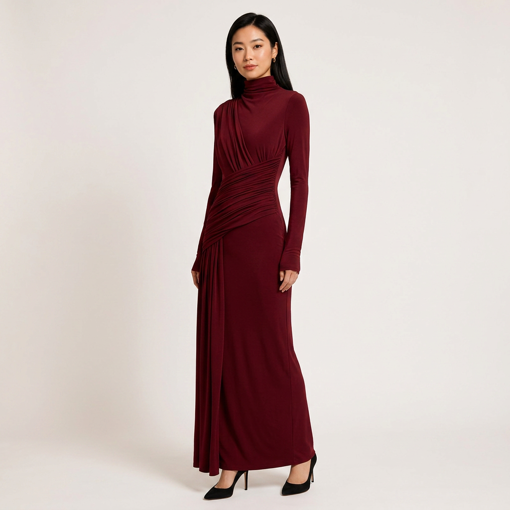 Asymmetric Ruched Long Sleeve Maxi Dress with Draped Waist-Vyana Collective