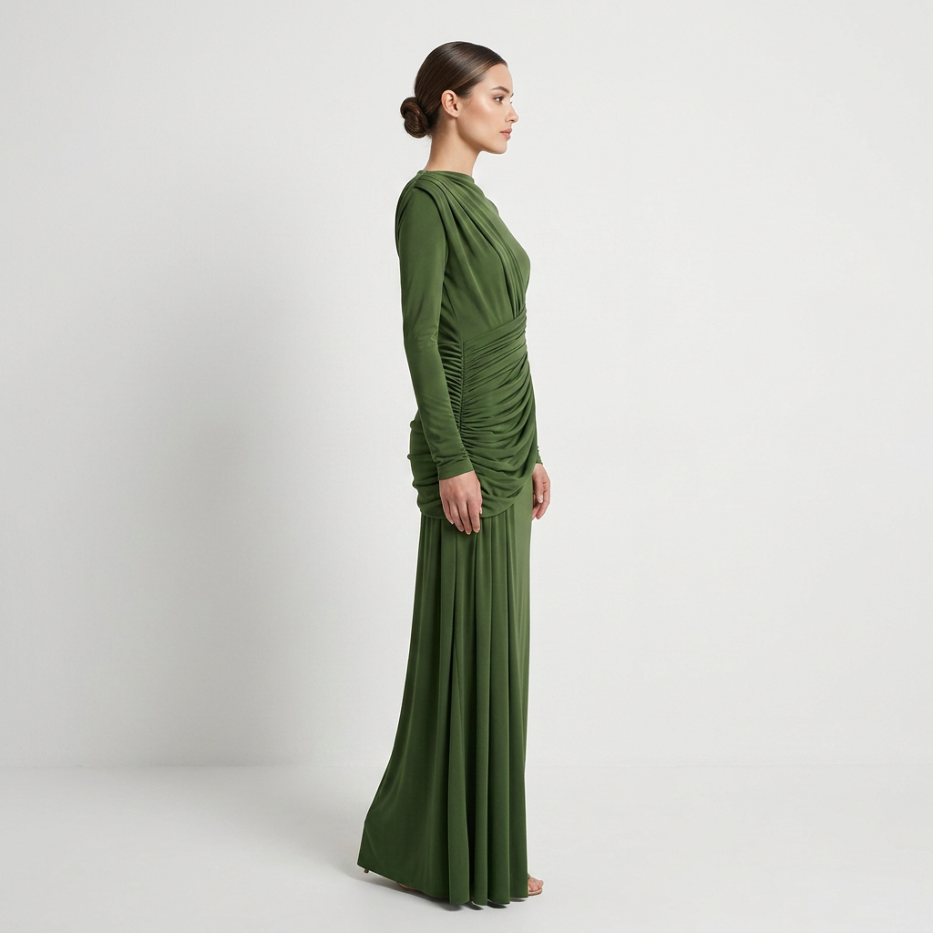 Asymmetric Ruched Long Sleeve Maxi Dress with Draped Waist-Vyana Collective
