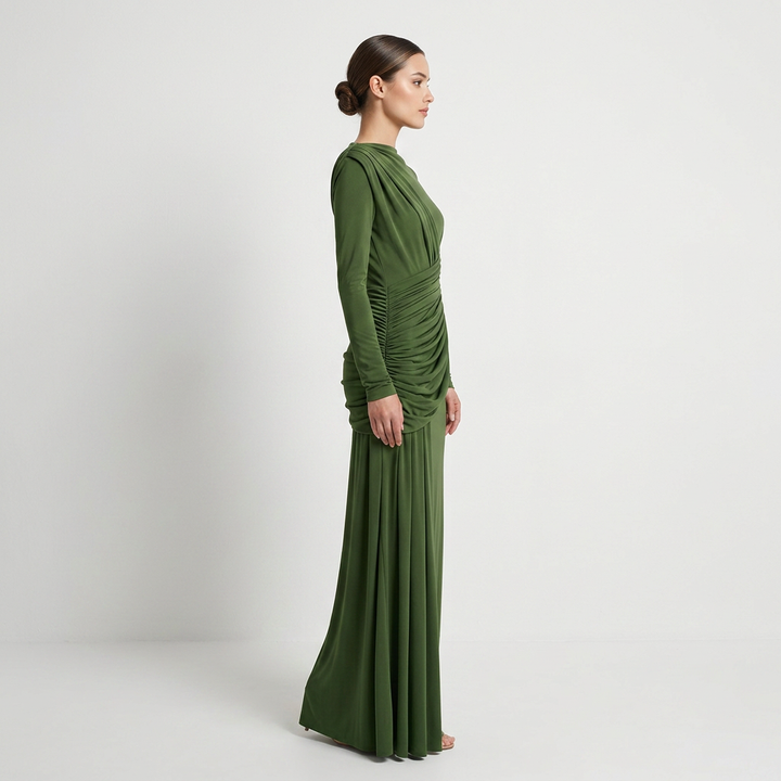 Asymmetric Ruched Long Sleeve Maxi Dress with Draped Waist-Vyana Collective