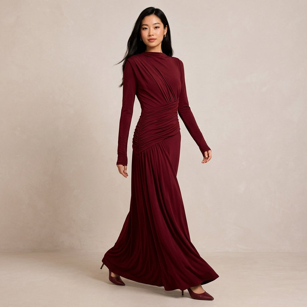 Asymmetric Ruched Long Sleeve Maxi Dress with Draped Waist-Vyana Collective