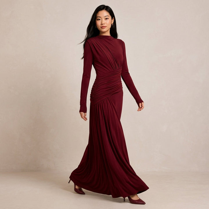 Asymmetric Ruched Long Sleeve Maxi Dress with Draped Waist-Vyana Collective
