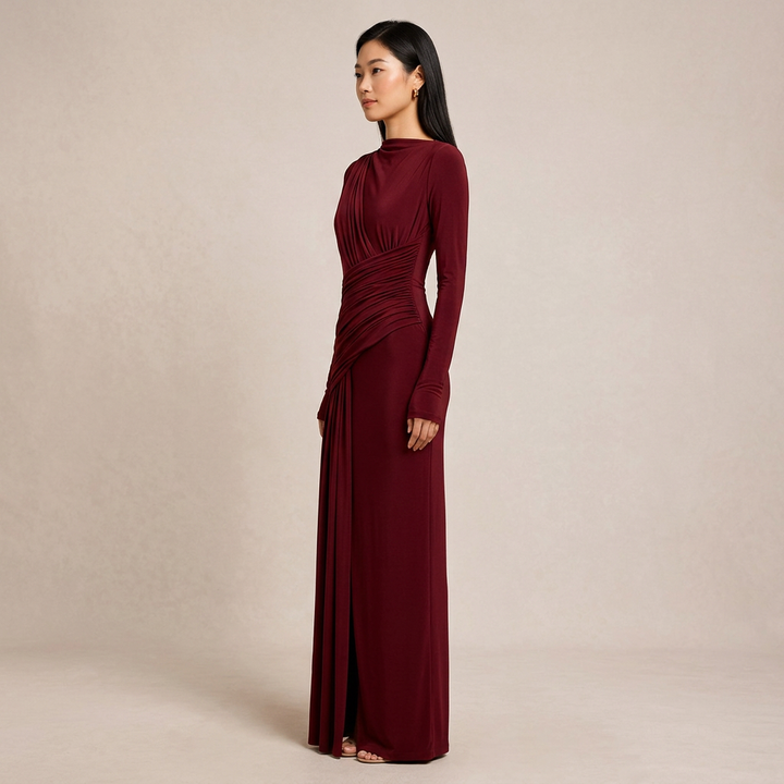 Asymmetric Ruched Long Sleeve Maxi Dress with Draped Waist-Vyana Collective