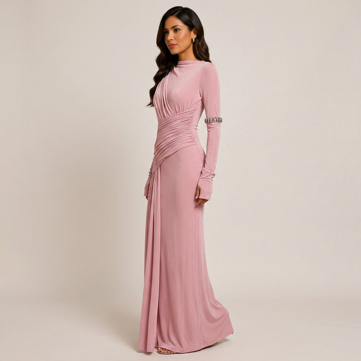 Asymmetric Ruched Long Sleeve Maxi Dress with Draped Waist-Vyana Collective