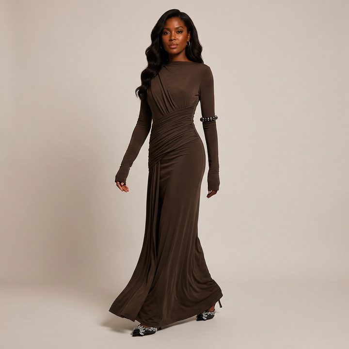 Asymmetric Ruched Long Sleeve Maxi Dress with Draped Waist-Vyana Collective