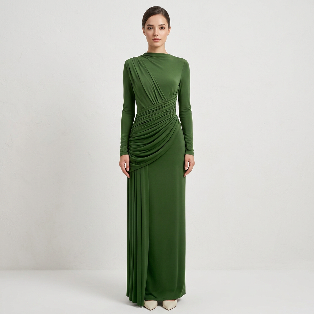 Asymmetric Ruched Long Sleeve Maxi Dress with Draped Waist-Vyana Collective