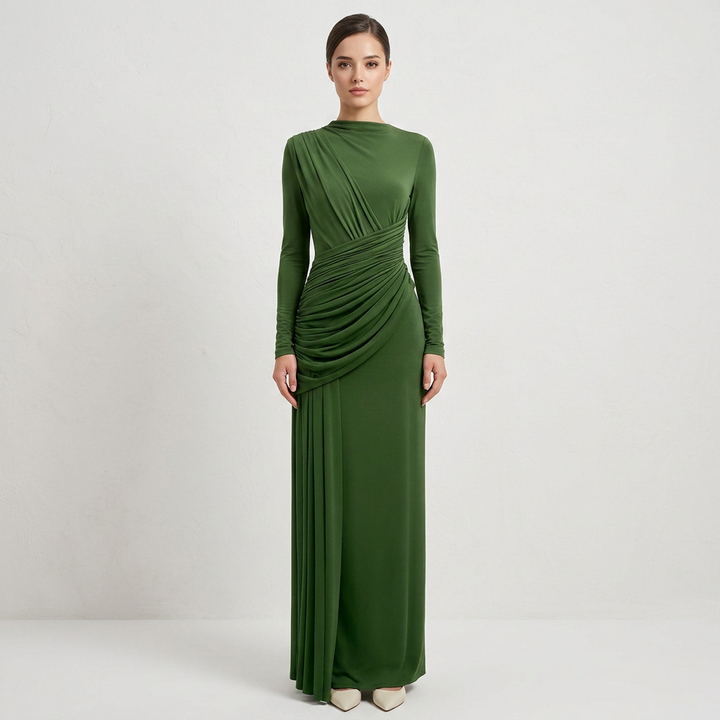 Asymmetric Ruched Long Sleeve Maxi Dress with Draped Waist-Vyana Collective