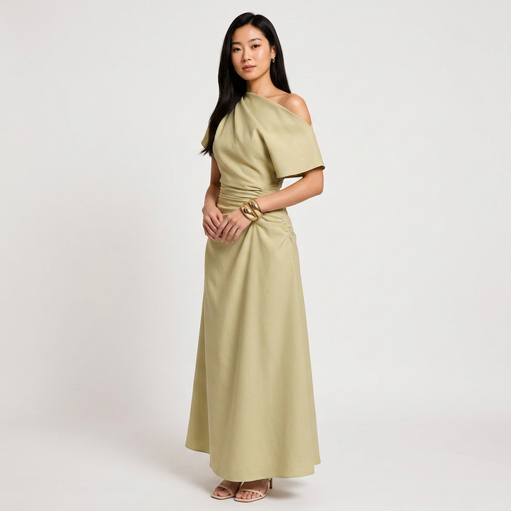 Asymmetrical Off-Shoulder Ruched Waist Maxi Dress-Vyana Collective