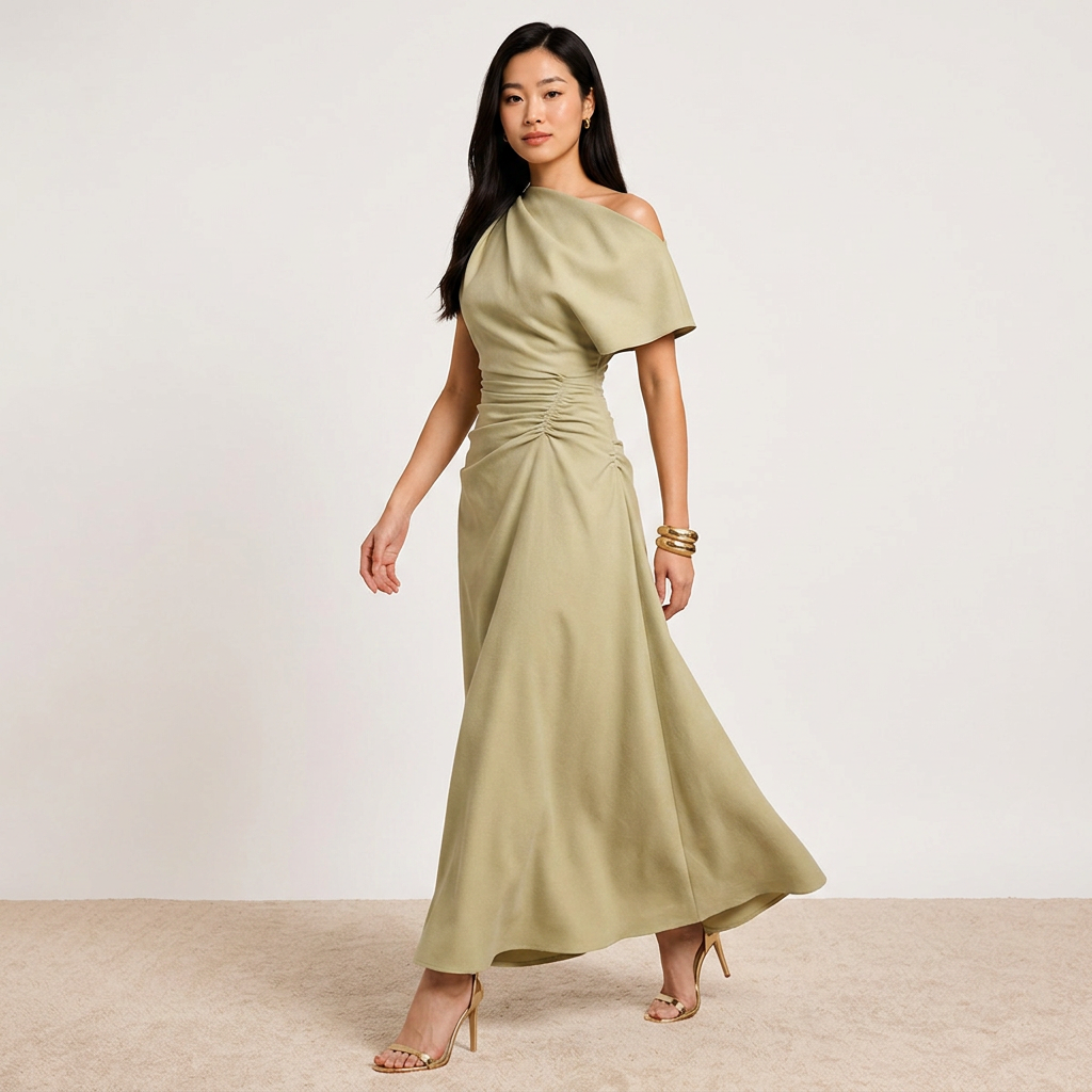 Asymmetrical Off-Shoulder Ruched Waist Maxi Dress-Vyana Collective