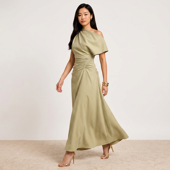 Asymmetrical Off-Shoulder Ruched Waist Maxi Dress-Vyana Collective