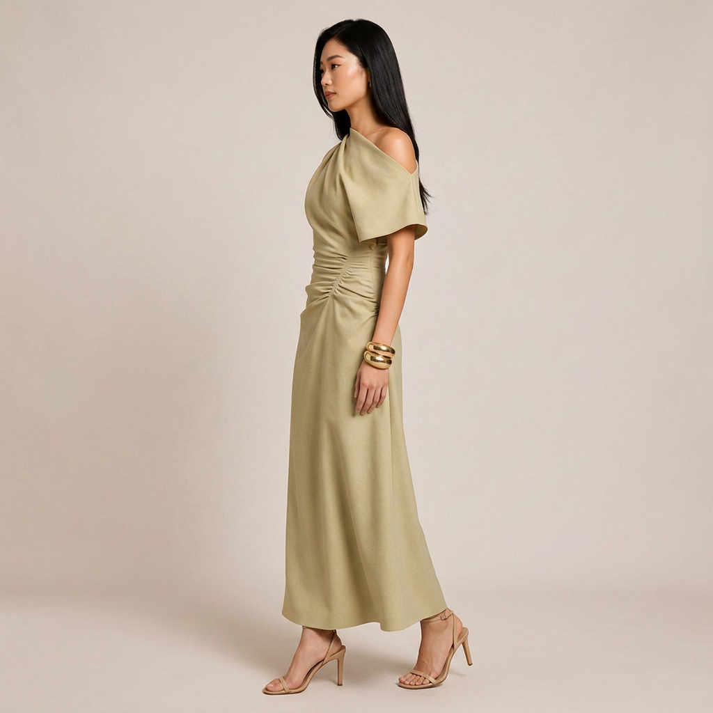 Asymmetrical Off-Shoulder Ruched Waist Maxi Dress-Vyana Collective