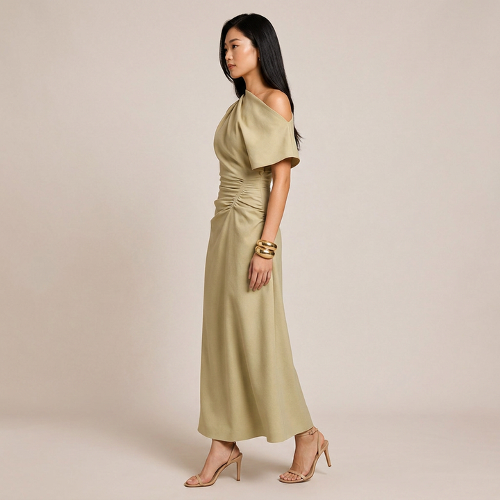 Asymmetrical Off-Shoulder Ruched Waist Maxi Dress-Vyana Collective