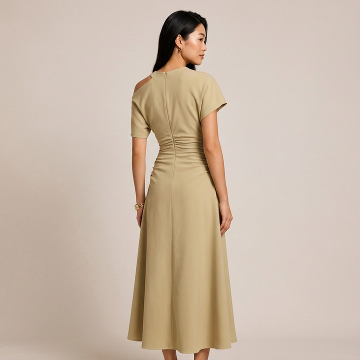 Asymmetrical Off-Shoulder Ruched Waist Maxi Dress-Vyana Collective