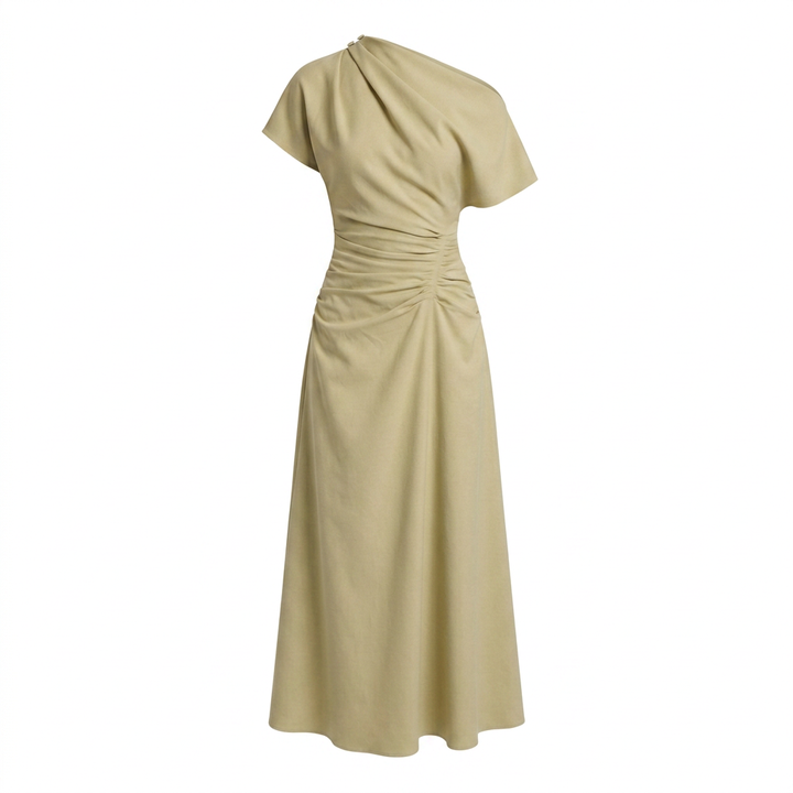 Asymmetrical Off-Shoulder Ruched Waist Maxi Dress-Vyana Collective