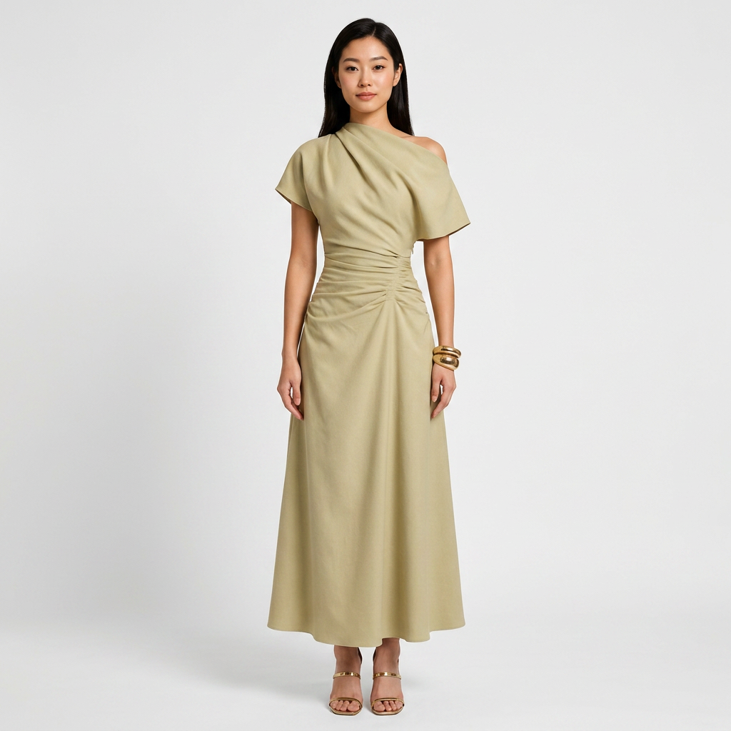 Asymmetrical Off-Shoulder Ruched Waist Maxi Dress-Vyana Collective