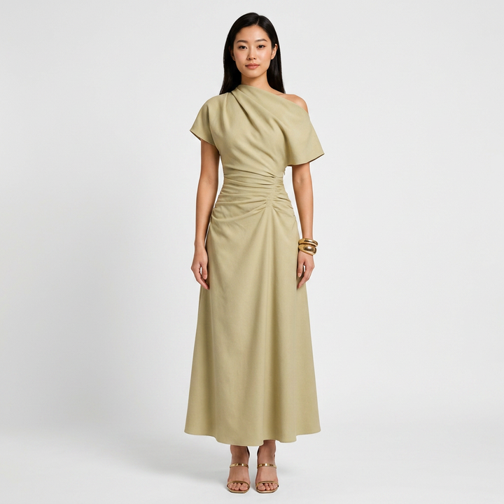 Asymmetrical Off-Shoulder Ruched Waist Maxi Dress-Vyana Collective