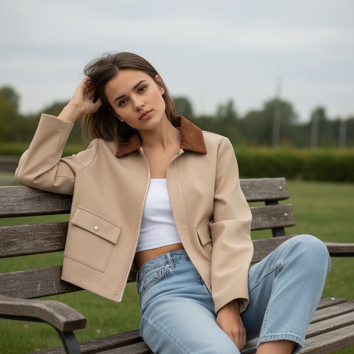 Autumn & Winter Short Contrast Collar Jacket-Vyana Collective